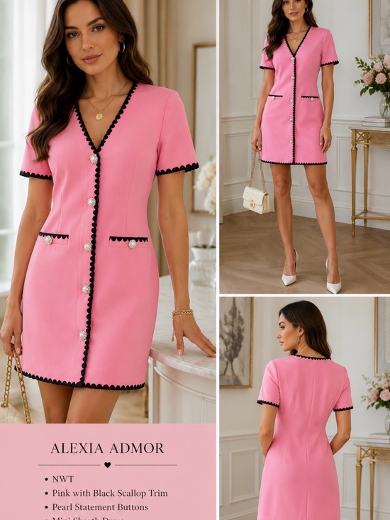 Alexia Admor Dresses & Skirts - NWT Alexia Admor Pink Black Trim Pearl Button Mini Sheath Dress Size 8